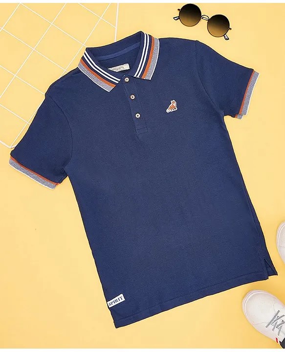 Pantaloons Junior Cotton Half Sleeves Solid Polo Tee - Navy